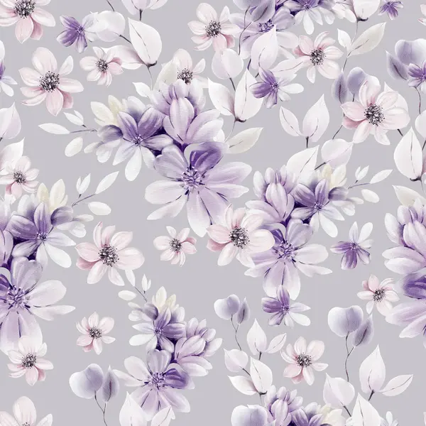 異なる紫色の花と野生のハーブの水彩パターン イラストレーション ロイヤリティフリーのストック画像