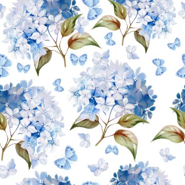 Farklı hudrangea çiçekleri ve kelebek desenli suluboya deseni. Görüntü