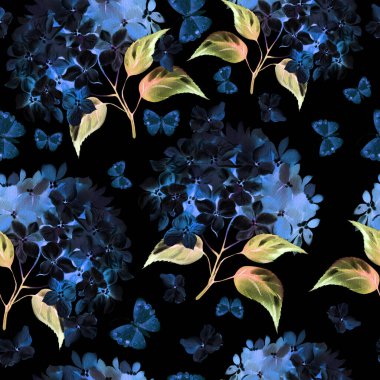 Farklı hudrangea çiçekleri ve kelebek desenli suluboya deseni. Görüntü