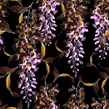 Wisteria çiçekleri ve yapraklarıyla suluboya deseni. Görüntü