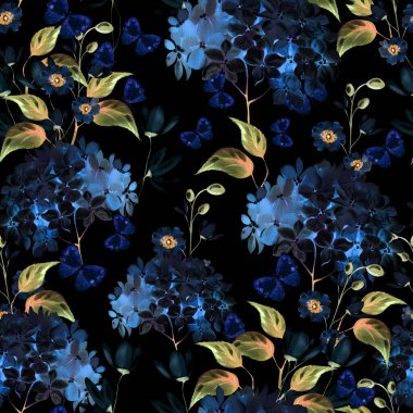 Farklı hudrangea çiçekleri ve kelebek desenli suluboya deseni. Görüntü