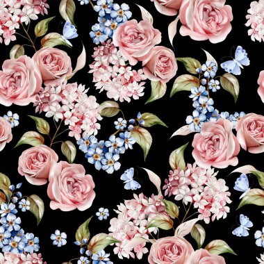 Farklı hudrangea çiçekleri ve güllerle suluboya deseni. Görüntü