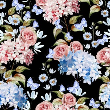 Farklı hudrangea çiçekleri ve güllerle suluboya deseni. Görüntü