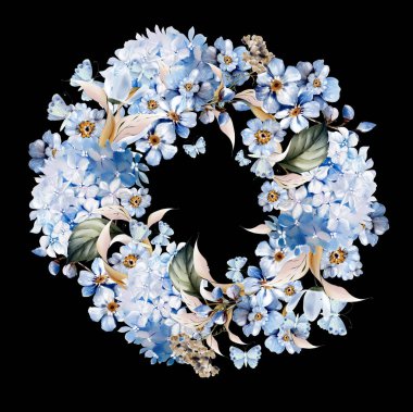 Mavi çiçekli ve yapraklı suluboya düğün çelengi. Görüntü