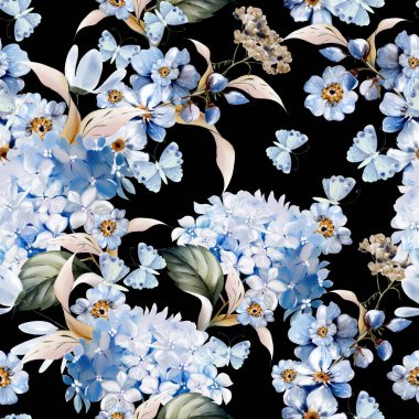 Farklı hudrangea çiçekleri ve kelebek desenli suluboya deseni. Görüntü