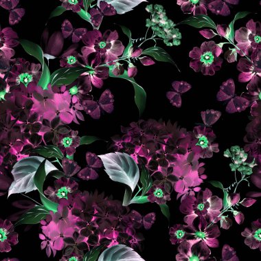 Farklı hudrangea çiçekleri ve kelebek desenli suluboya deseni. Görüntü