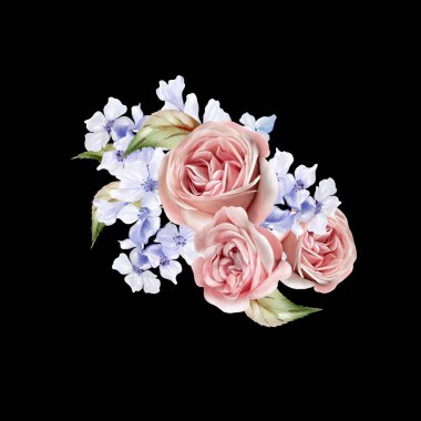 Mavi çiçekli suluboya düğün buketi, yapraklar. Görüntü