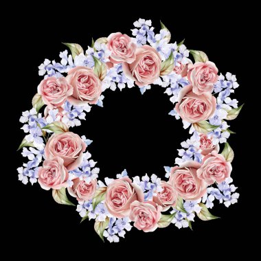 Mavi çiçekli, yapraklı suluboya düğün çelengi. Görüntü