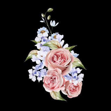 Mavi çiçekli suluboya düğün buketi, yapraklar. Görüntü