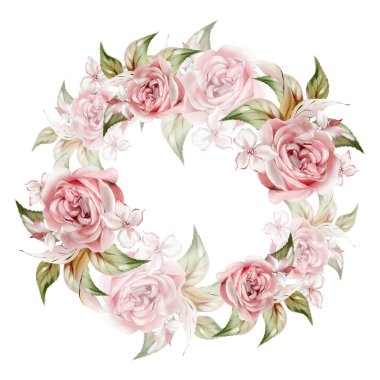 Güllü suluboya düğün çelengi, yapraklı. Görüntü