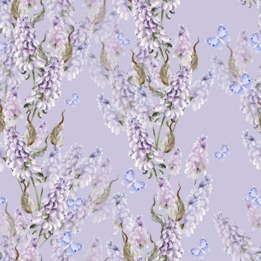 Muscari çiçekleri ve kelebek desenli sulu boya. Görüntü