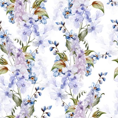 Muscari çiçekleri ve kelebek desenli sulu boya. Görüntü