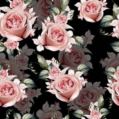 Farklı gül çiçekleriyle suluboya desenleri. Görüntü