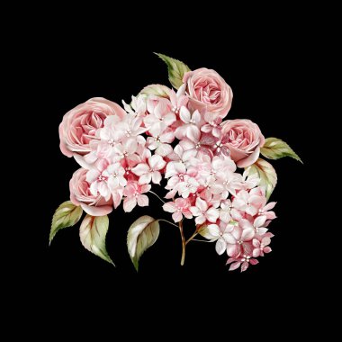 Çiçekli suluboya düğün buketi, ortanca ve yapraklı. Görüntü