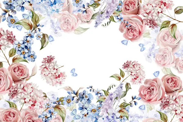 Cartão Casamento Aquarela Com Hortênsia Flores Rosas Folhas Ilustração — Fotografia de Stock