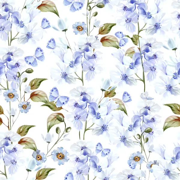 Akvarellmönster Med Blå Blommor Fjäril Och Blad Illustration Royaltyfria Stockbilder