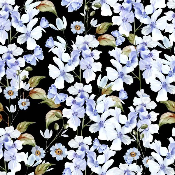 Akvarellmönster Med Blå Blommor Fjäril Och Blad Illustration Royaltyfria Stockfoton