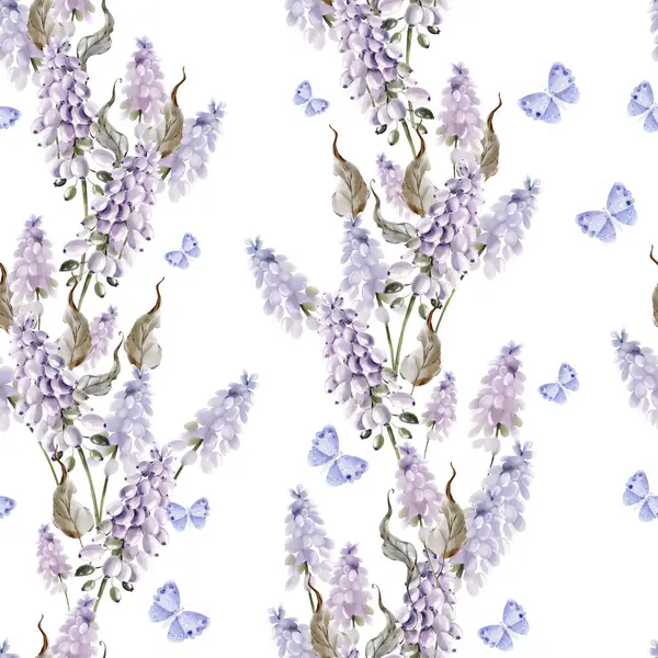 ムスカリの花と蝶が付いている水彩のシームレスなパターン イラストレーション ストックフォト