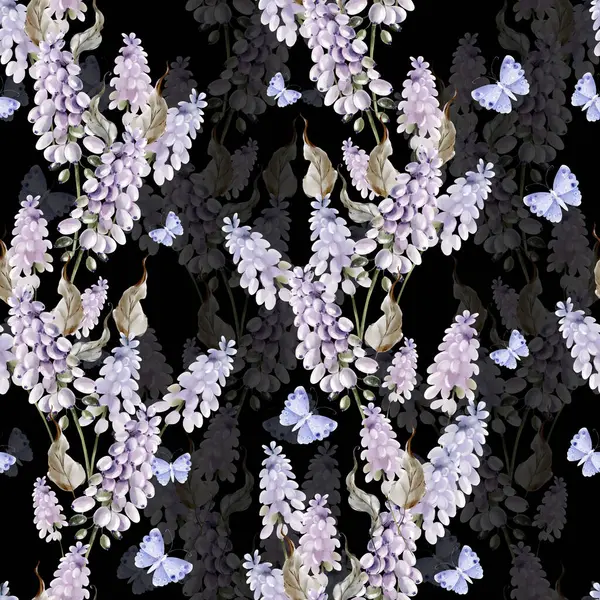Akvarell Sömlöst Mönster Med Muscari Blommor Och Fjäril Illustration Royaltyfria Stockbilder