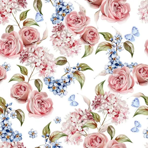 Akvarell Mönster Med Olika Hudrangea Blommor Och Rosor Illustration Royaltyfria Stockfoton