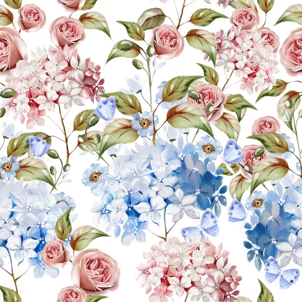 Akvarell Mönster Med Olika Hudrangea Blommor Och Rosor Illustration Stockbild