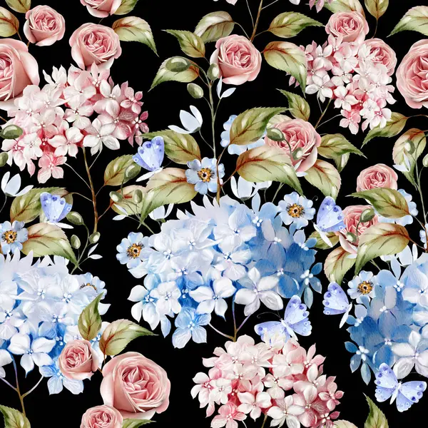 異なるハドレンジアの花とバラの水彩パターン イラストレーション ストックフォト
