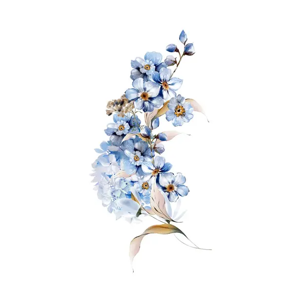 青い花と葉のウォーターカラーウェディングブーケ イラストレーション ストック写真