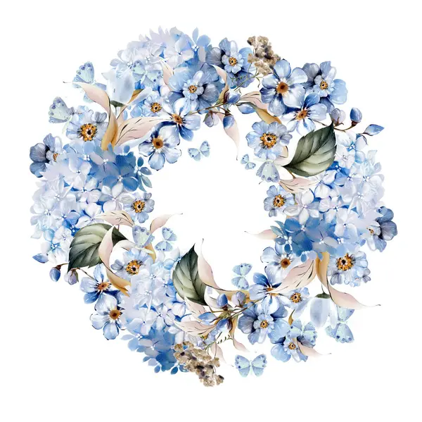 Akvarell Bröllopskrans Med Blå Blommor Och Blad Illustration Stockbild
