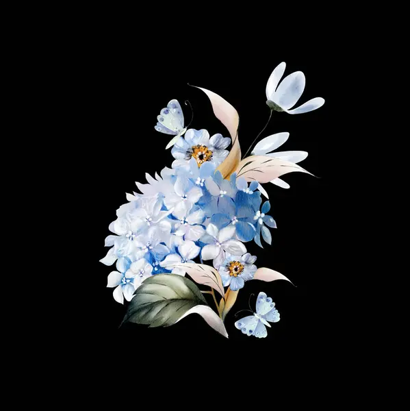 水彩艳丽的结婚花束 蓝色的花和叶子 说明1 图库图片