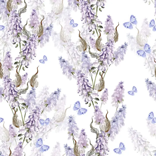 ムスカリの花と蝶が付いている水彩のシームレスなパターン イラストレーション ストック写真