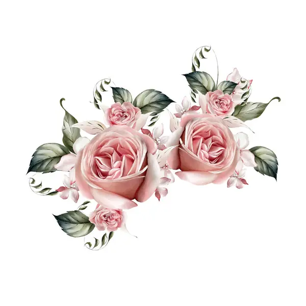 Akwarelowy Bukiet Ślubny Różami Liśćmi Ilustracja Obrazek Stockowy