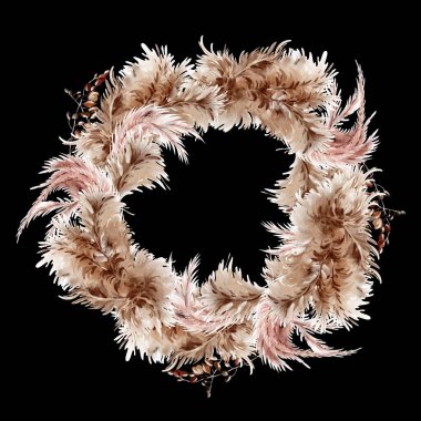 Pampass ve şifalı bitkilerle suluboya çelenk. Görüntü