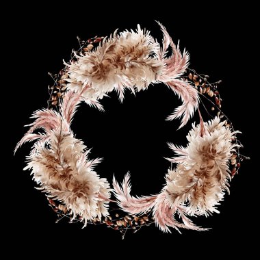 Pampass ve şifalı bitkilerle suluboya çelenk. Görüntü