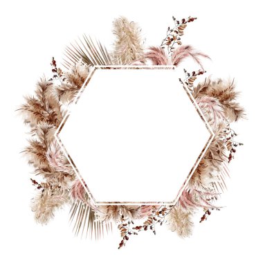 Pampass ve şifalı bitkilerle suluboya çelenk. Görüntü