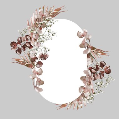 Pampass ve şifalı bitkilerle suluboya çelenk. Görüntü