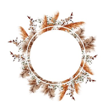 Pampass ve şifalı bitkilerle suluboya çelenk. Görüntü