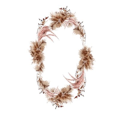 Pampass ve şifalı bitkilerle suluboya çelenk. Görüntü