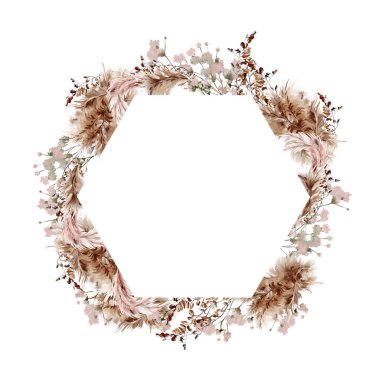 Pampass ve şifalı bitkilerle suluboya çelenk. Görüntü