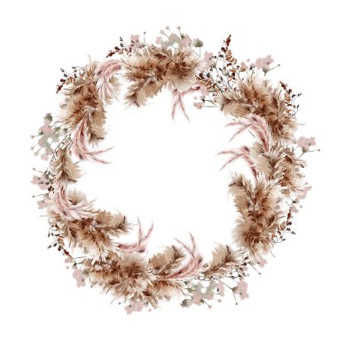 Pampass ve şifalı bitkilerle suluboya çelenk. Görüntü