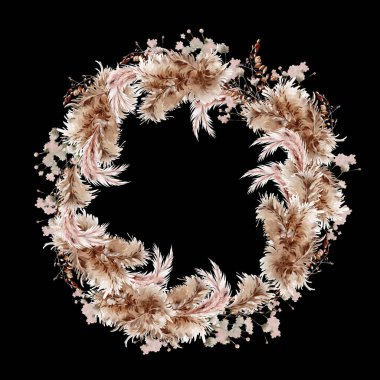 Pampass ve şifalı bitkilerle suluboya çelenk. Görüntü