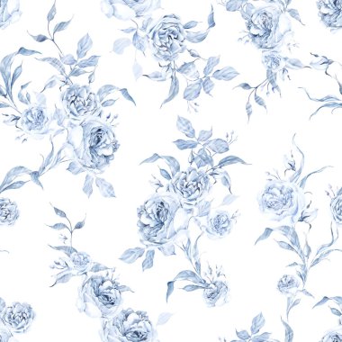 Suluboya düğün pürüzsüz desenli mavi güller ve yapraklar. Görüntü