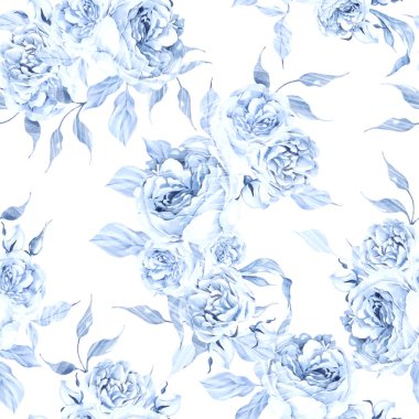 Suluboya düğün pürüzsüz desenli mavi güller ve yapraklar. Görüntü