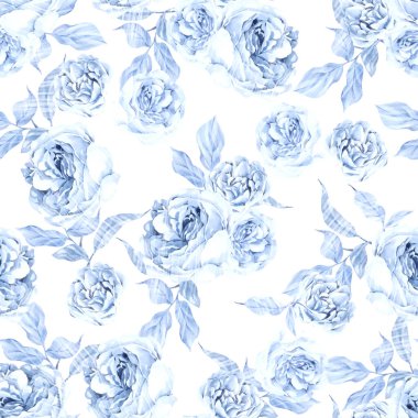 Suluboya düğün pürüzsüz desenli mavi güller ve yapraklar. Görüntü