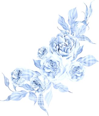 Yumuşak mavi güller ve yapraklarla suluboya düğün buketi. Görüntü