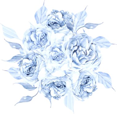 Yumuşak mavi güller ve yapraklarla suluboya düğün buketi. Görüntü