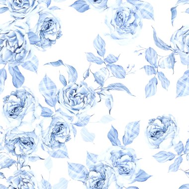 Suluboya düğün pürüzsüz desenli mavi güller ve yapraklar. Görüntü
