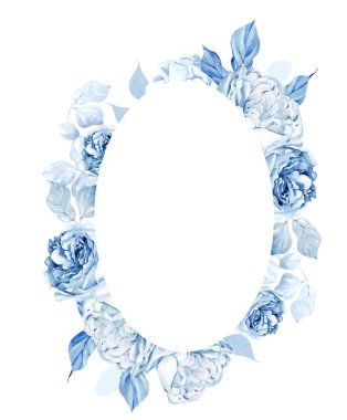 Yumuşak mavi güller ve yapraklarla suluboya düğün çelengi. Görüntü