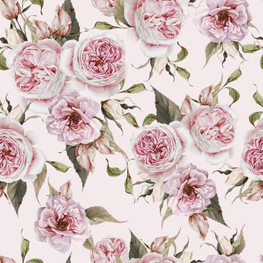 Pembe güller ve yapraklarla suluboya desenli. Görüntü