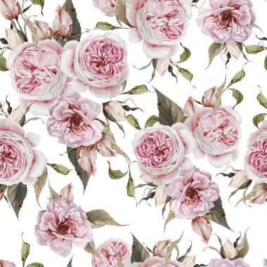 Pembe güller ve yapraklarla suluboya desenli. Görüntü