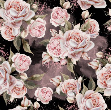 Pembe güller ve yapraklarla suluboya desenli. Görüntü